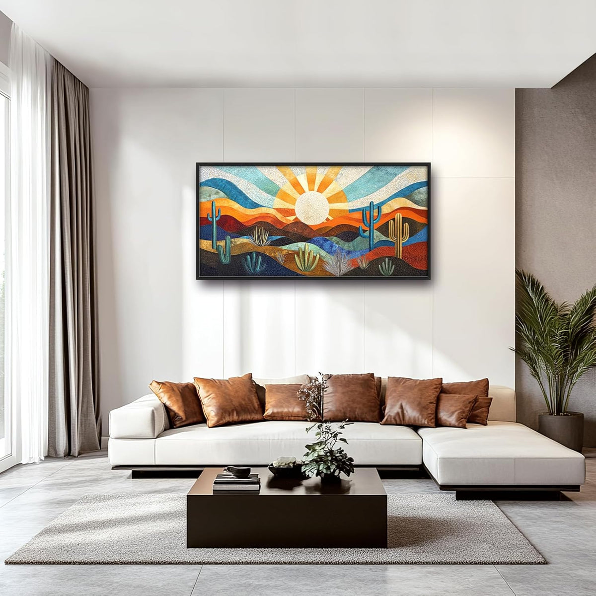 Extra Large Framed Abstract Boho Desert Wall Art, Sun Cactus Landscape Wall Decor Pictures for Living Room,Cacti Canvas Print Painting Modern Artwork Bedroom Office Bathroom Home Decor 60L x 30W