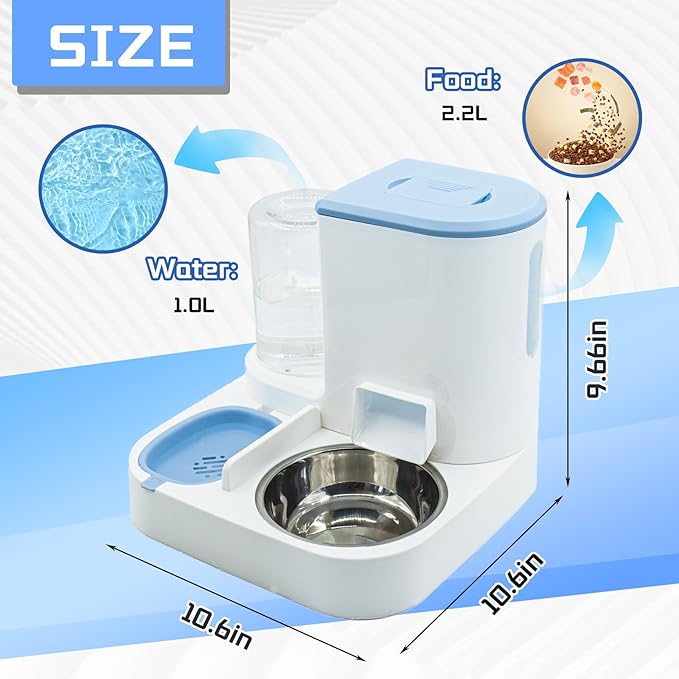 Automatic Cat Food and Water Dispenser Set 2 in 1, All-in-One Gravity Pet Feeder with Stainless Steel Cat Food Bowl Travel Auto Supply Feeder and Water Dispenser for Small Medium Cats Dogs (Blue)