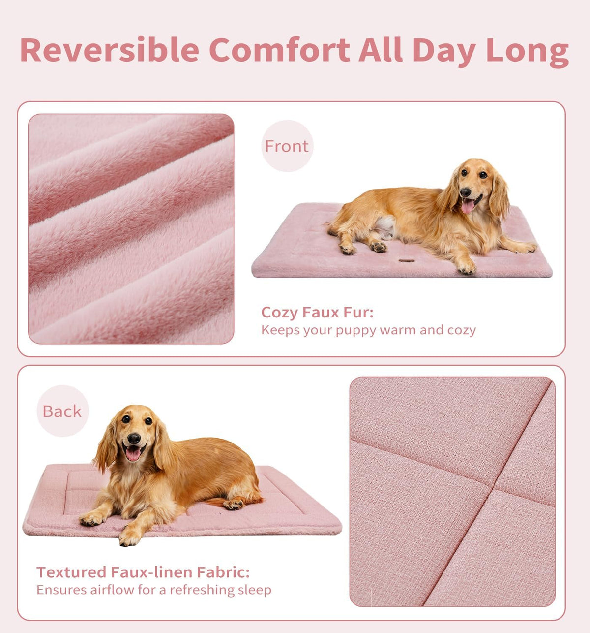 MADE 4 PETS Dog Crate Pad Bed for Large Dogs, Washable & Reversible, Anti-Slip Kennel Mat for Cozy Sleeping, Soft Fluffy Dog Bed for Indoor & Outdoor Use, 44"x32", Pink