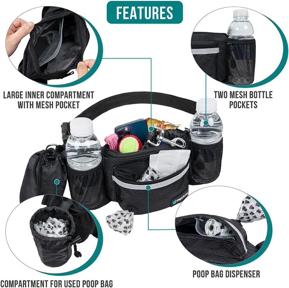 PetAmi Dog Fanny Pack, Treat Pouch for Dog Walking, Training, Built in Poop Bag Dispenser, Water Bottle Holder, Collapsible Bowl, Pet Treat Waist Belt for Hiking, Running, Kibbles (Black)