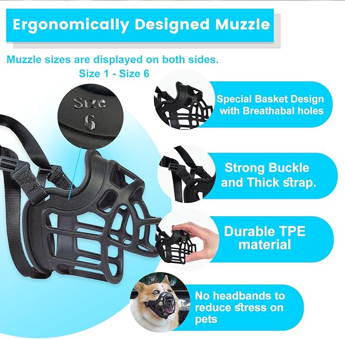 Dog Muzzle, OKKIC Basket Muzzle Anti Biting Chewing, Sturdy Lightweight Muzzle Allows Panting Drinking,Muzzle for Small Medium Large Dogs, Suitable for Grooming Trimming Training (Black, Size5)