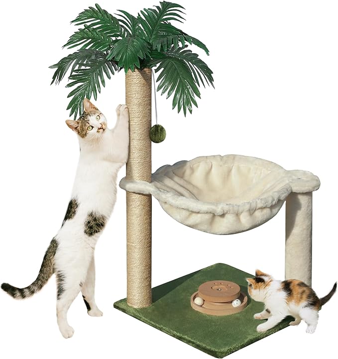 Cat Scratching Post 28 Inches Small Cat Tree Tower with Hammock, Cat Toy Wooden Interactive Condo for Kitten and Adults Cat