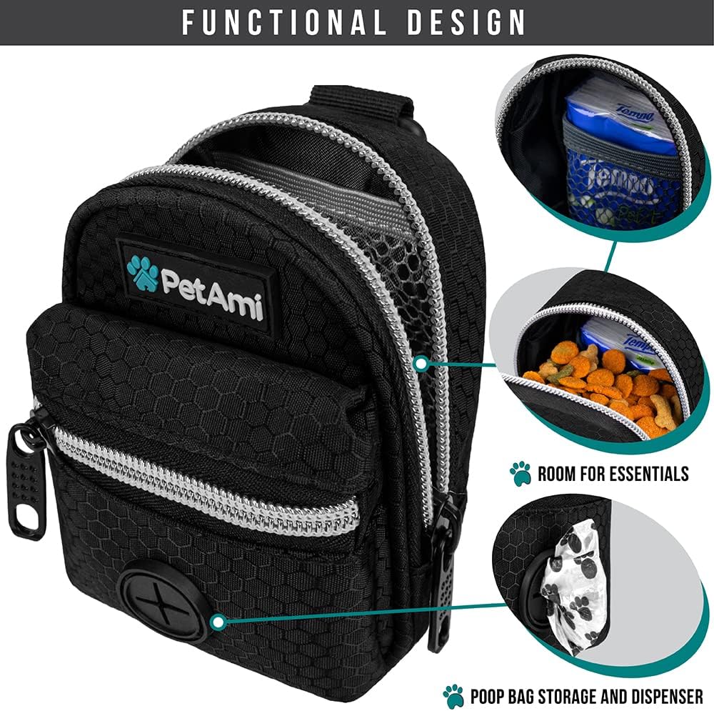 PetAmi Dog Poop Bag Holder for Leash, Dog Pet Waste Bag Dispenser For Poop With Clip For Doggie Puppy Walking Accessories Travel Camping, Dog Treat Pouch Supplies Must Have With Doggy Bag Roll, Black