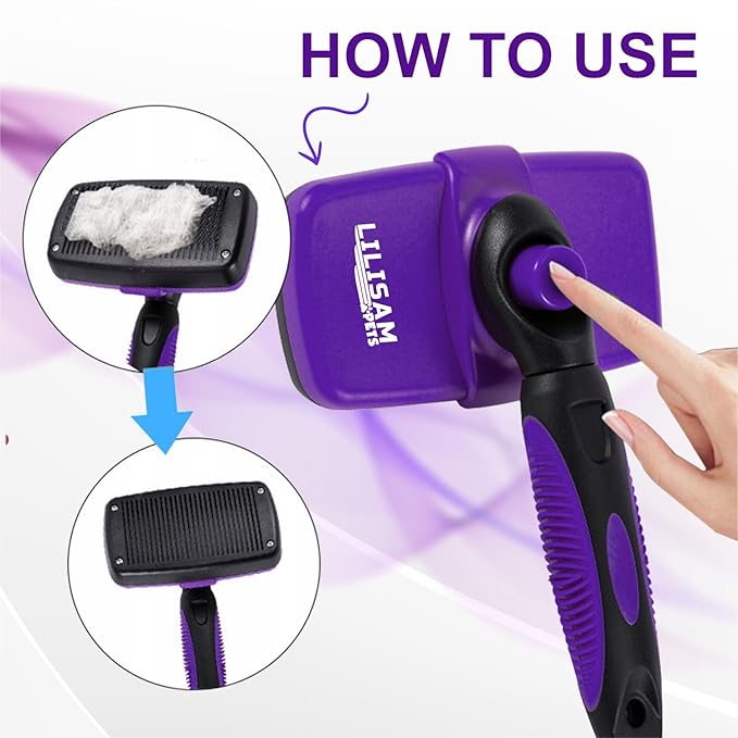 Pet Self Cleaning Slicker Brush and Grooming Comb - Gently Removes Loose Hair, Tangles, and Dirt - Skin Friendly Deshedding Grooming Tool for Hair Dogs & Cats - Pet Supplies Accessories (Purple)