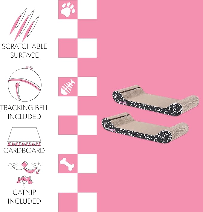 CSR1003B-SET2 Rini 23.75" Modern Cardboard Lounge Bed Cat Scratcher with Built-in Bell Toys and Catnip, Black/White (Set of 2)
