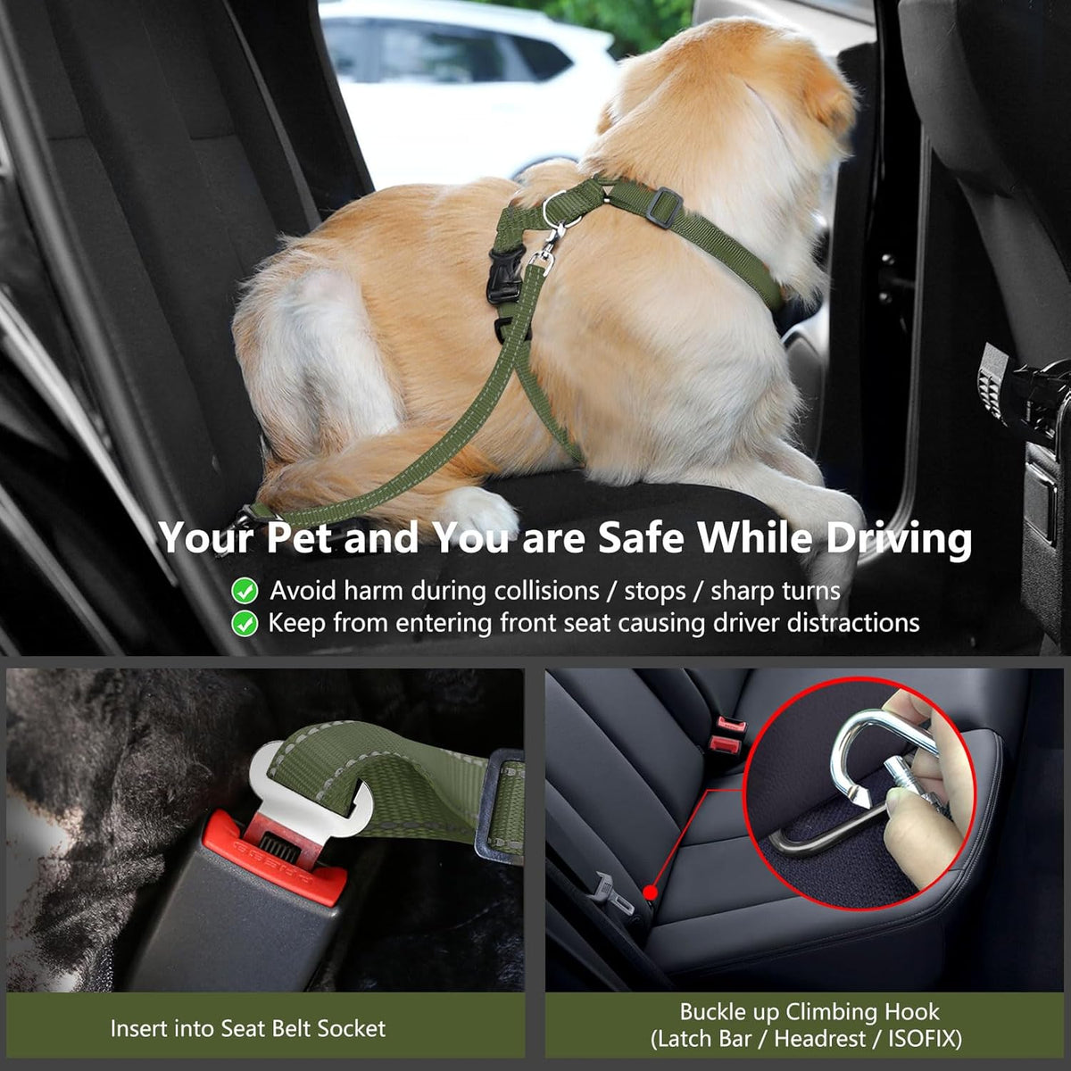 Dog Seat Belt Harness for Car, Dog Car Harness Adjustable Mesh Breathable & Dogs Seatbelt Safety Tether with Elastic Bungee for Small Medium Large Pets(Army Green, S)