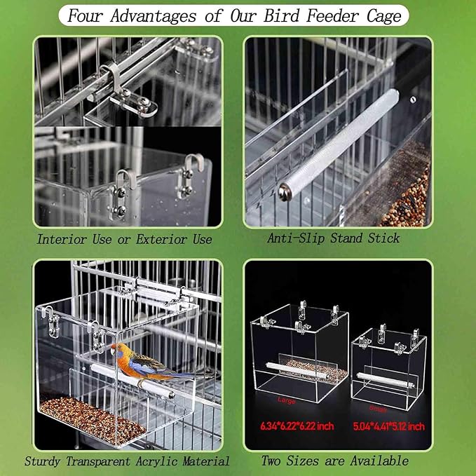 No Mess Bird Feeder for Cage, Automatic Acrylic No Mess Bird Feeder Cage for Parrots Canary Parakeet Budgerigar Crested Myna Cockatiel Lovebird (Large)