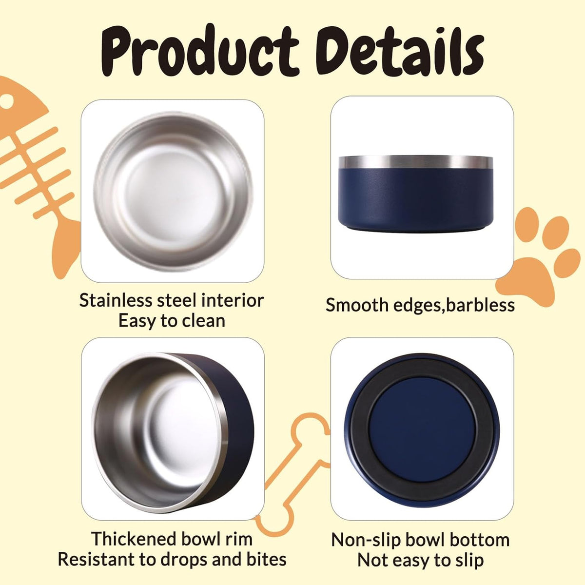 42OZ Personalized Dog Bowl Laser Engraved Custom Pet Name 18/32/42/64 oz No Slip Stainless Steel Insulated Bite-Resistant Food Water Dishes-White