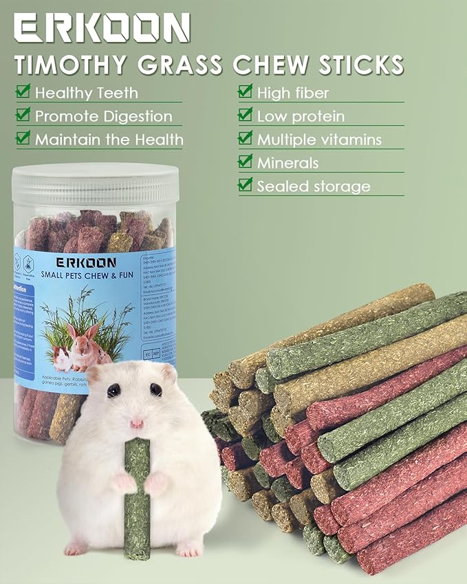 ERKOON 38Pcs Timothy Hay Sticks, Guinea Pig Toys, Rabbit Chew Toys for Teeth Natural Molar Sticks Rabbits Treats for Bunnies, Chinchilla, Guinea Pigs, Gerbil, Hamster