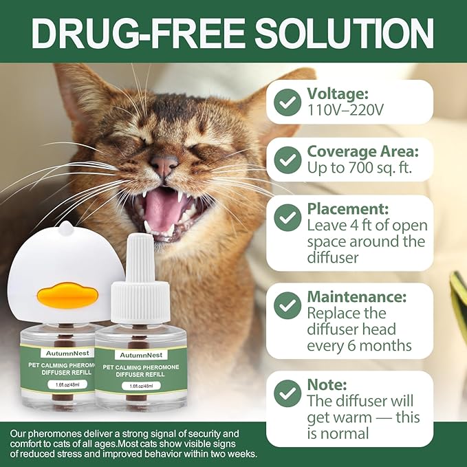 Cat Calming Pheromone Diffuser Set, Pet Calming Plug-in Kit (2 Diffusers + 4 Refills), Reduces Cat Stress, Aggression, Fighting, Marking, Meowing, Travel, Vet Visit Anxiety, 120 Days, Non-Toxic, Safe