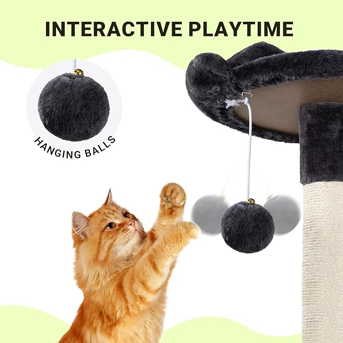 Allewie 64 Inches Cat Tree Tower/Multi-Level Activity Center for Indoor Big Felines/2 Plush Condos/2 Perchs/Basket/House/Sisal Scratching Posts/Hanging Cat Toys/Dark Grey
