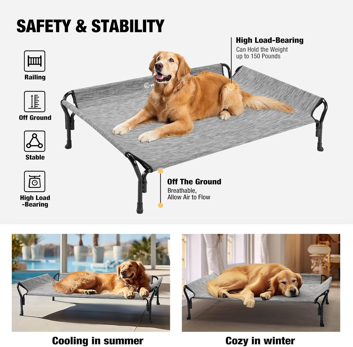 Veehoo Cooling Elevated Dog Bed, Dog Cots for Large Dogs, Raised Dog Bed with Guardrail & Slope Headrest, Durable & Breathable Teslin Mesh, Dog Sofa Bed for Indoor & Outdoor, Large, Black Silver