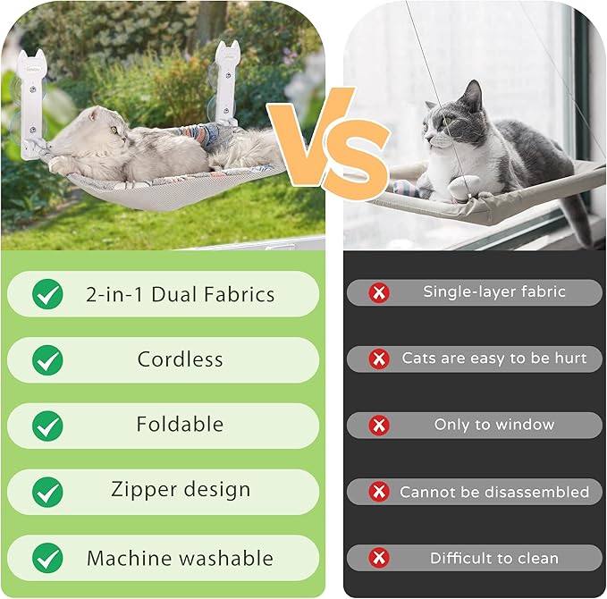 2 Pack Cat Window Perch, Glow in The Dark Foldable Cat Hammock with Sunken Design & Removable Soft Cover, Breathable Cordless Window Bed for Resting Indoor Kitten (Shallow Perch, 2 Pack - M)