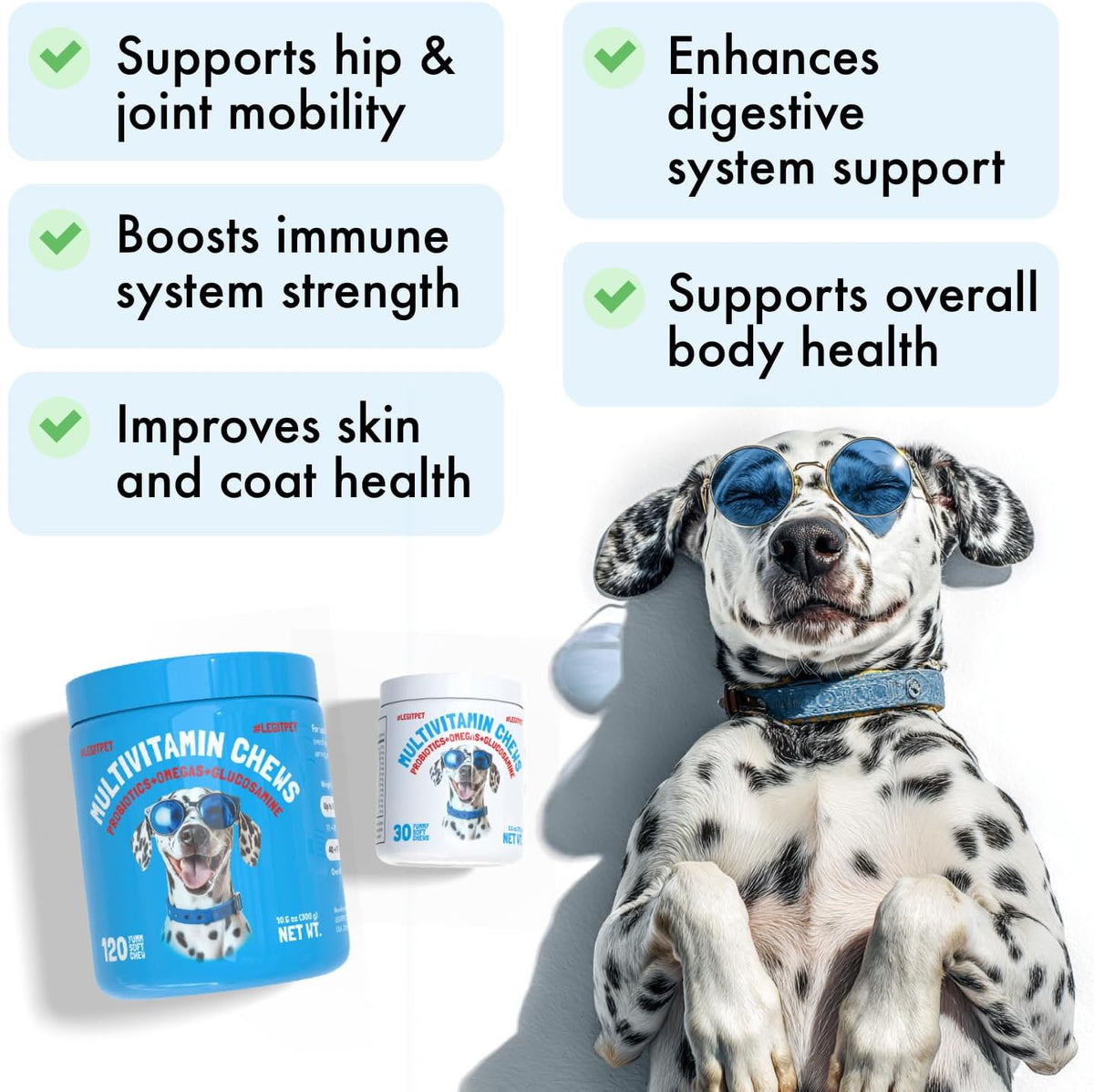 LEGITPET Dog Vitamins - 30 Multivitamins Chews w/Glucosamine Chondroitin, Probiotics Digestive Enzymes and Omegas - Supplement for Overall Health - Joint Support, Immune Health, Skin and Heart Health