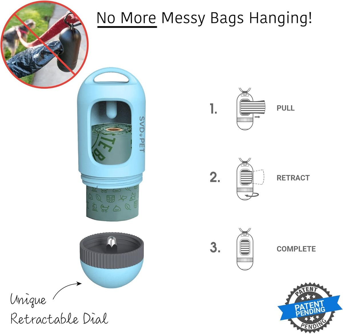 SVD.PET Dog Poop Bag Dispenser, Retractable Waste Bag Fits Any Dog Leash, 15 Waste Bags, Poop Bag Holder, Doggy Walking Accessory (Columbia Blue)
