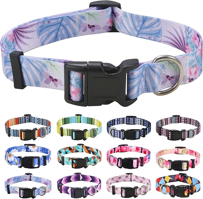 Dog Collar with Bohemia Floral Tribal Geometric Patterns - Soft Ethnic Style Collar Adjustable for Small Medium Large Dogs (Purple Flower, M)