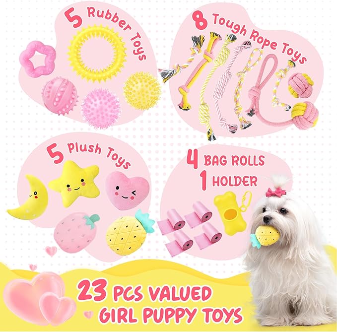 XIUGOAL Pink Puppy Toys for Teething - 23 Pack Puppy Chew Toys for Boredom, Interactive Dog Toys for Puppies, Cute Small Dog Toys with Treat Ball, Squeaky Dog Chew Toys and Ropes