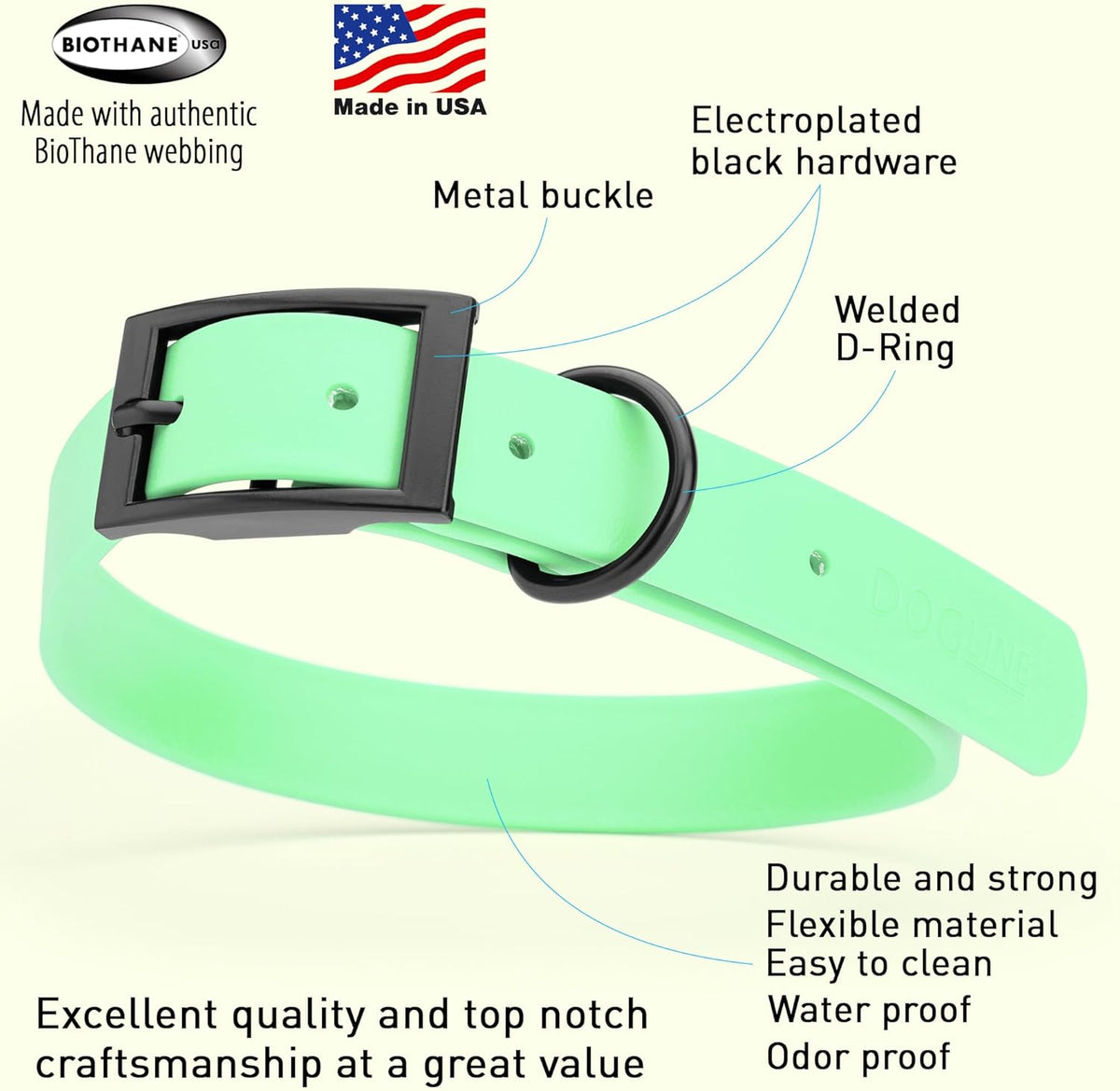 Dogline Biothane Waterproof Dog Collar Strong Coated Nylon Webbing with Black Hardware Odor- Proof for Easy Care Easy to Clean High Performance Fits Small Medium or Large Dogs, Sea Foam Green