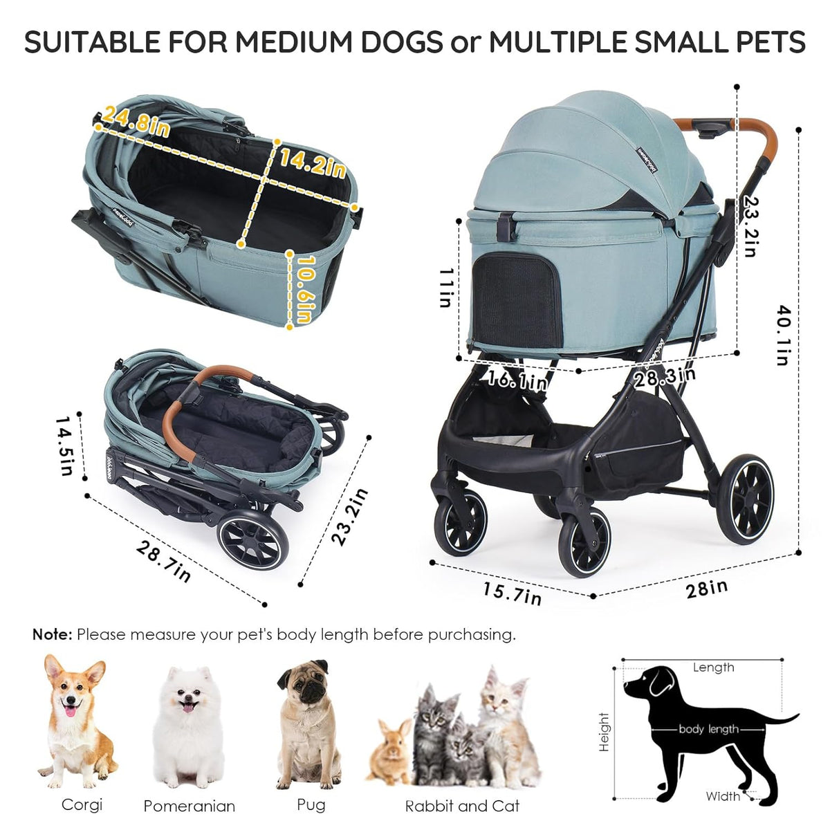 T5 Luxury Pet Stroller for Medium Dog Under 60lbs or 2 Small Dogs & Cats with 180 ̊Canopy, Sun Shades, Auto-Folding Stroller for Multiple Pets (Green)