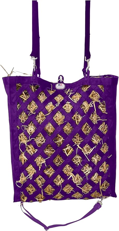 Majestic Ally Premium Nylon Hay Bag for Horses and Livestock, Simulates Grazing, Slow Feeding, Heavy-Duty PP Webbing,Quick-Adjust Straps, Small Hole for Digestion, Multiple Colors (Purple)