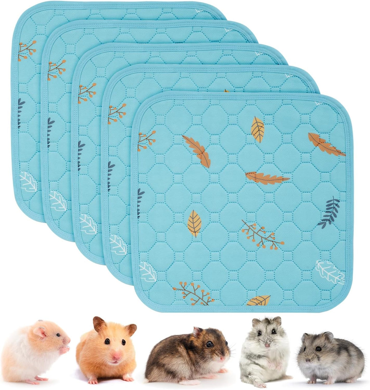 Sunheir Washable Pee Pads for Small Pet 5-Pack, Reusable Pet Training Pads Absorbent & Leak-Free, Waterproof Pee Pads for Dog Cat Rabbit Guinea Pig Hamster, Whelping Pad (Leaves - Sky Blue, 12x12)