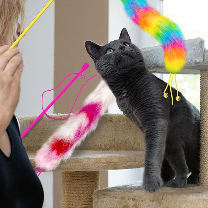 2 Pack Cat Wand Toy, Rainbow Cat Feather Toys with Bells, Teaser Wand with Soft Furry Tail, Interactive Toys for Indoor Cats & Kitten & Kitty