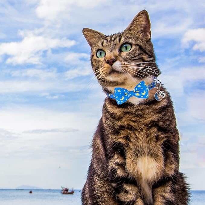 SCENEREAL Breakaway Cat Collar with Bell, 3 Pack Safety Adjustable Cat Collars with Pendant, Spring Summer Personalised Puppy Kitten Collar with Bowtie for Boys Girls, Star and Moon Elements