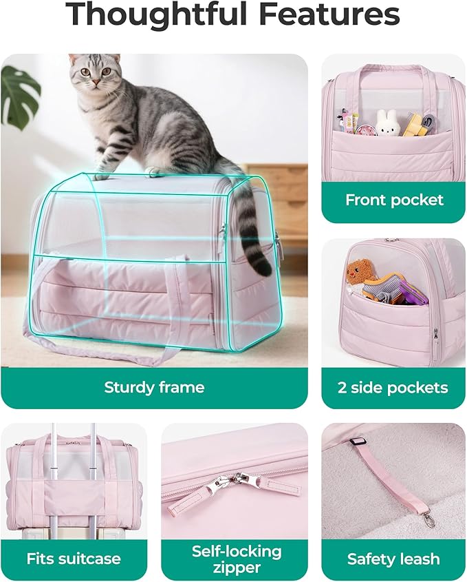 BAGSMART Cat Carrier: Soft-Sided Pet Carrier for Small Medium Cats Dogs Puppy Quilted Collapsible Puffy Travel Bag Up to 20 Lbs Grey