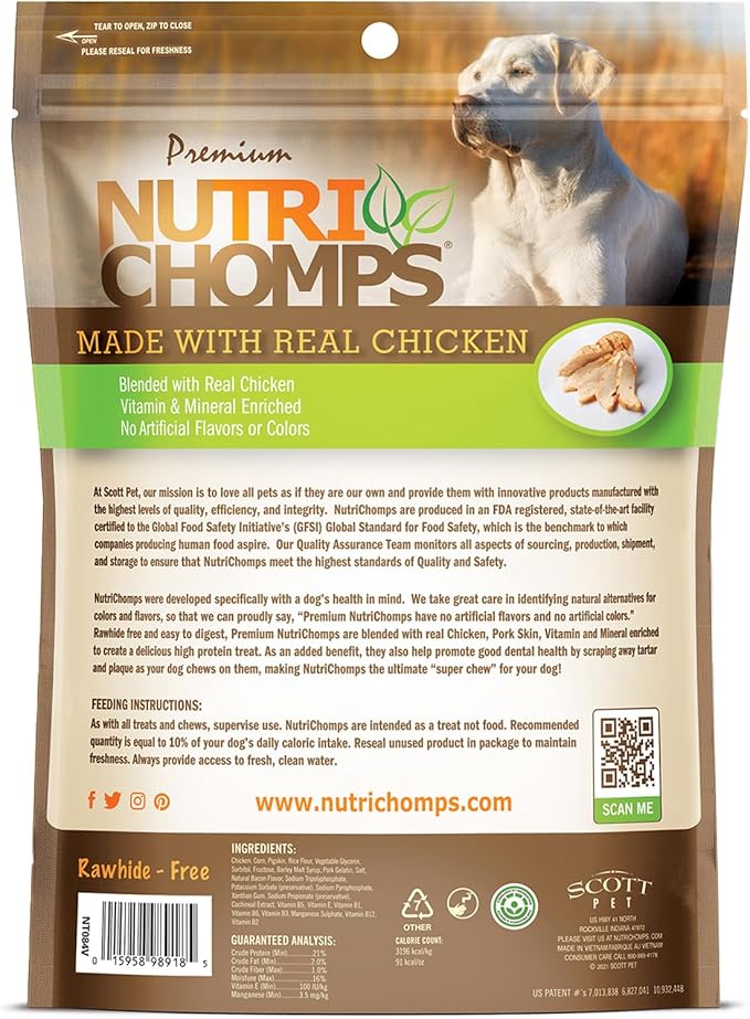 NutriChomps Dog Chews, Ear-Shaped, Easy to Digest, Rawhide-Free Dog Treats, 10 Count, Real Chicken flavor