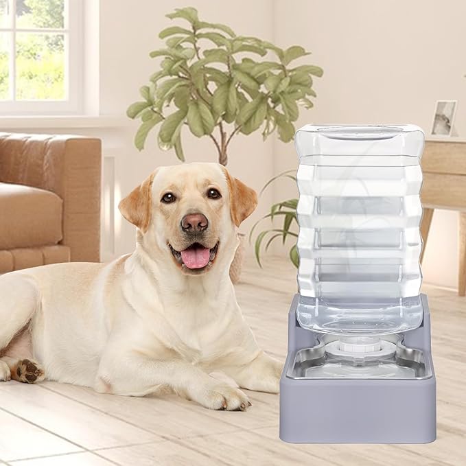 Automatic Water Dispenser Large: Upgraded 100% BPA-Free 8L Light Gray Stainless Steel Bowl Gravity Waterer for Medium/Large Pets