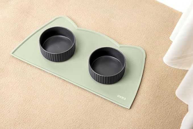 OHMO - Cat Food Mat, Silicone Pet Feeding Mat for Floor Non-Skid Waterproof Dog Water Bowl Tray, Easy to Clean Pet Placemat (Sage Green, 20 * 12'')