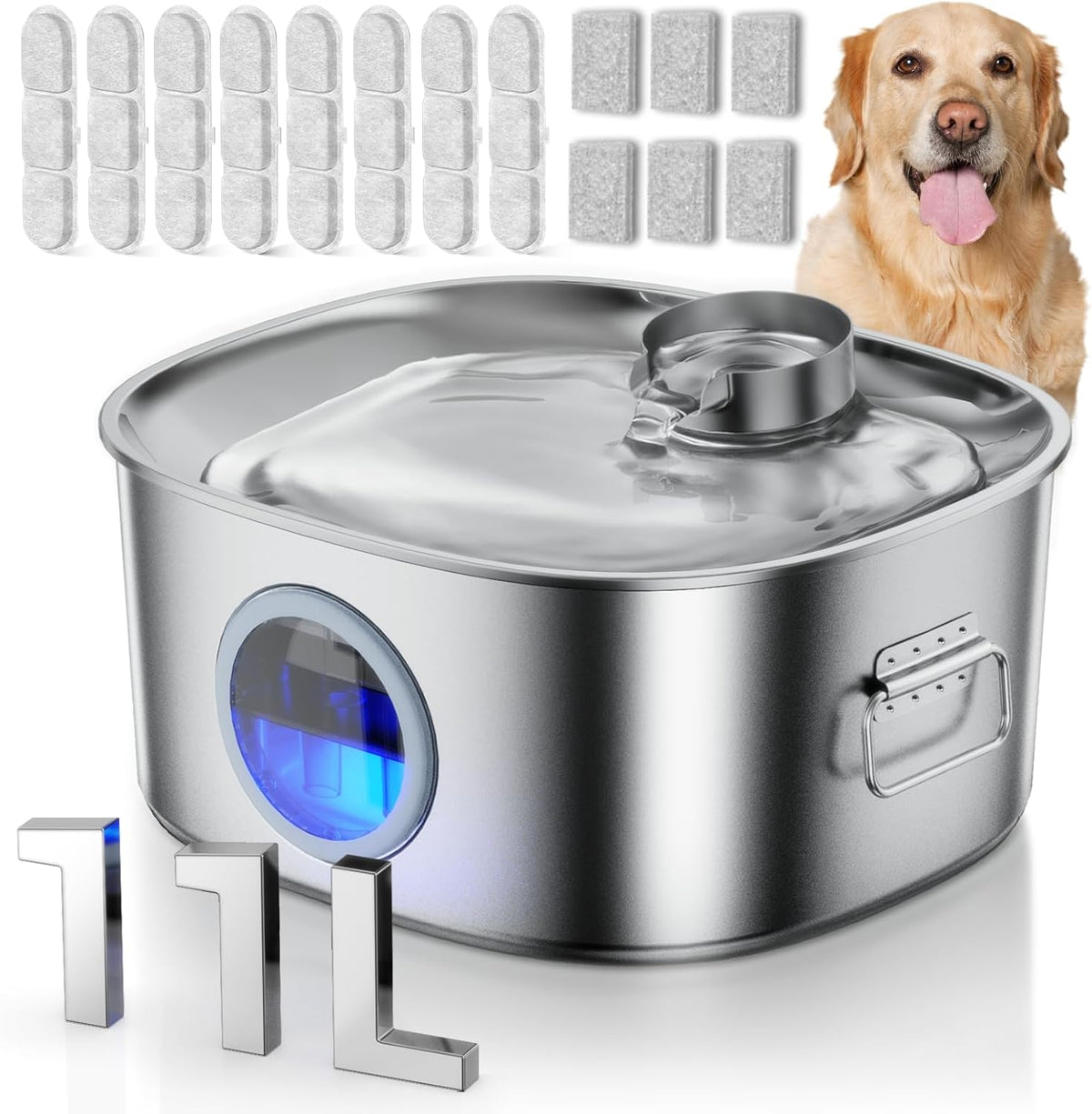 Dog Water Fountain Stainless Steel, 11L/2.8Gal Large Pet Water Fountain for Large Dogs Inside, Dog Fountain Water Bowl Automatic Dispenser with Visible Window & LED, Ultra Quiet (with 8pcs Filters)