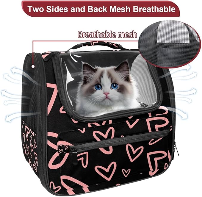 Portable Travel pet Backpack Carrier Hamster Bag Small Dog cat Carrier Breathable Hang Bag, Pink Hearts