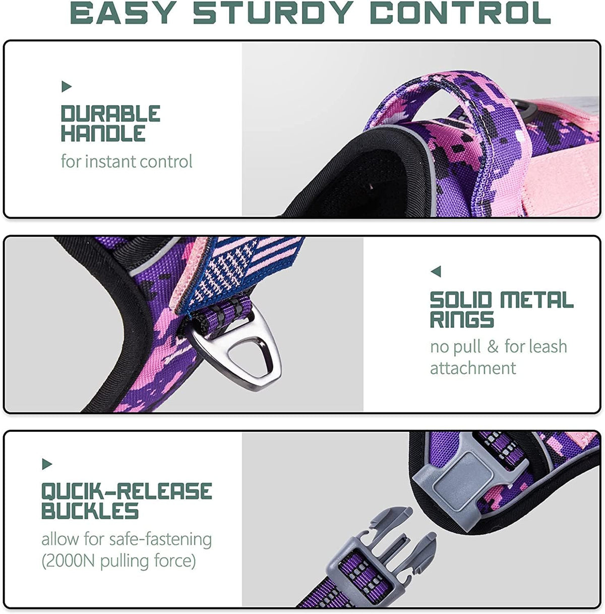 BUMBIN Tactical Dog Harness for Small Dogs No Pull, Famous TIK Tok No Pull Puppy Harness, Fit Smart Reflective Pet Walking Harness for Training, Adjustable Dog Vest Harness with Handle Purple Camo XS