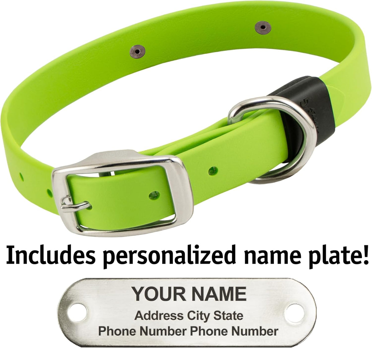 Biothane Custom Dog Collar – Waterproof, Stink-Proof Personalized Collar with Name & Phone Number – Durable, Many Sizes and Colors – Assembled in USA (Green Apple)