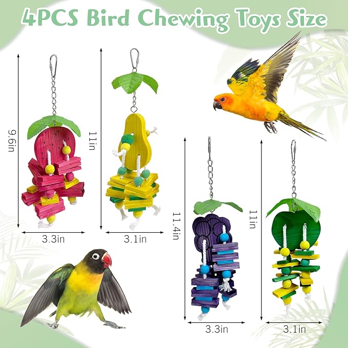 Hamiledyi Natural Wood Block Bird Cage Toys Parrot Chewing Toy Apple&Grape&Pear&Strawberry Shaped Hanging Foraging Toy for Small&Medium Birds Parakeets Cockatiels,4pcs