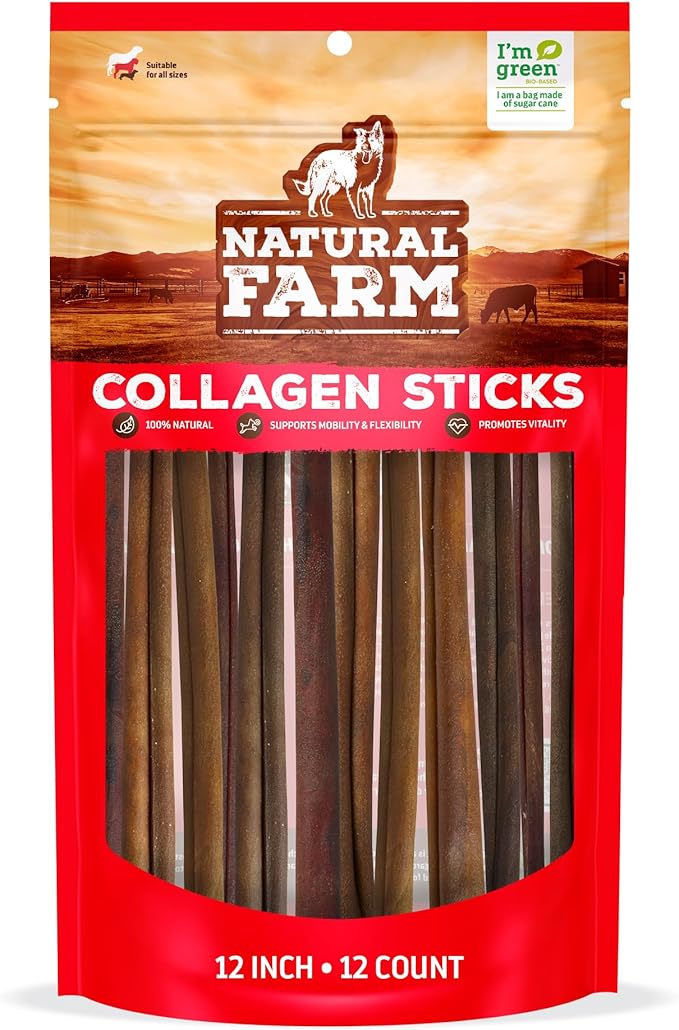 Natural Farm Odor-Free Collagen Chews, (12-Inch, 12-Pack), Long Lasting Bully Sticks & Rawhide Alternative Dog Treats, 95% Collagen, High Protein Best Dental Dog Treats – Medium & Large Dogs
