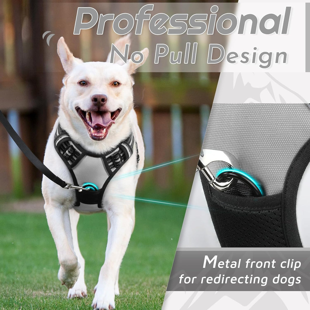 Eagloo Dog Harness Medium Sized Dog, No Pull Service Vest with Reflective Strips and Control Handle, Adjustable and Comfortable for Easy Walking, No Choke Pet Harness with 2 Metal Rings, Grey, M