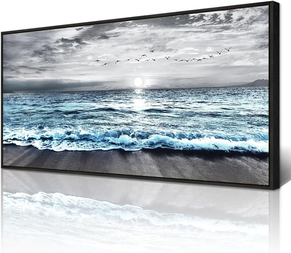 Wapluam Large Wall Art For Living Room Wall Decor For Bedroom Office Wall Decorations Black And White Wall Painting Blue Sea Wave Pictures Artwork For Modern Black Framed Beach Canvas Prints Poster