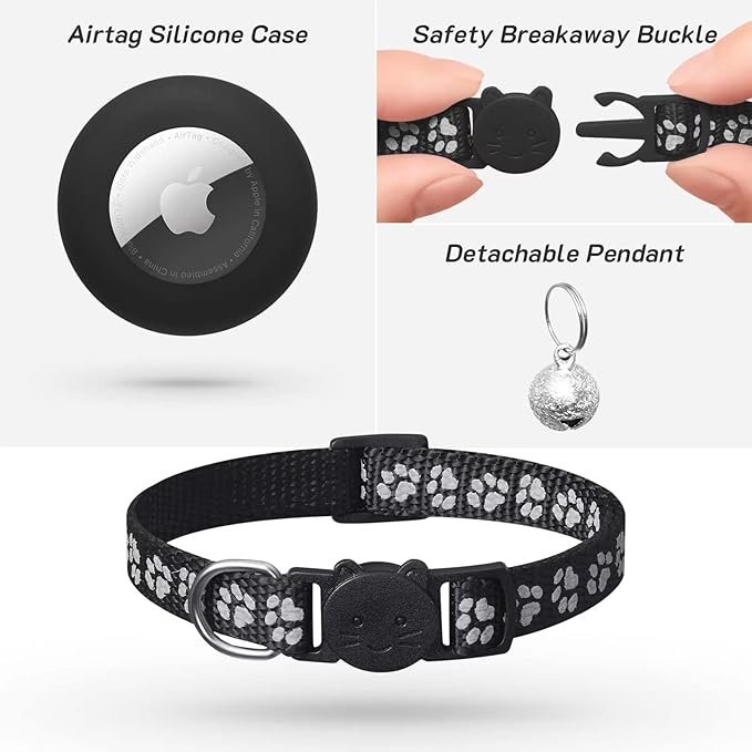 2 Pack Airtag Cat Collar Breakaway with Bell,Reflective Kitten Collar with Apple Airtag Cat Collar Holder,Adjustable 7-12In,Safety Buckle for Girl Boy Cats,Pet Supplies,Accessories,Gifts (Black)