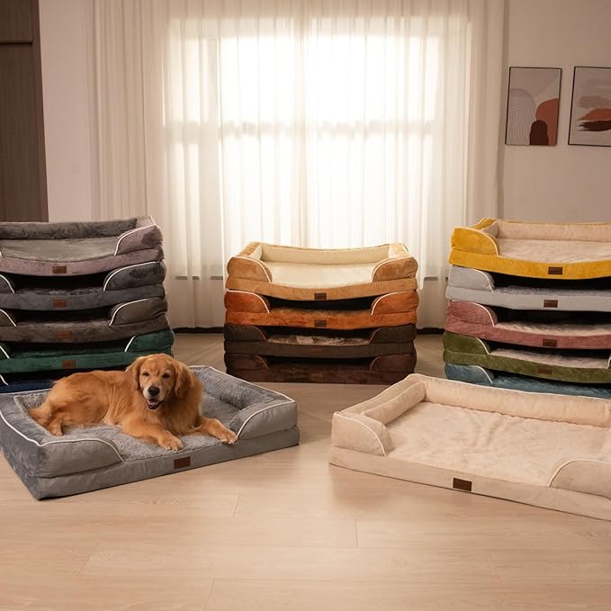 Comfort Expression Orthopedic Dog Bed for Large Dogs 38x25 Inch, Waterproof Egg Crate Foam Large Pet Bed with Removable Bolsters, Dog Couch with Washable Cover & Non-Slip Bottom, Light Brown