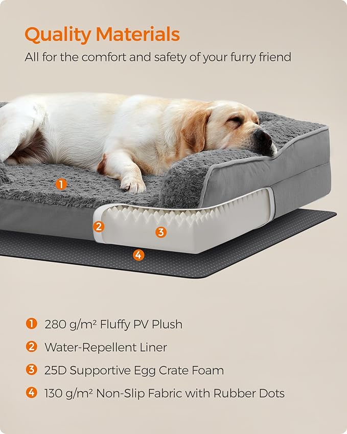 Feandrea Orthopaedic Dog Bed for Large Dogs, Waterproof Dog Sofa Bed with Removable Washable Cover, 42 x 32 x 7 Inches, Slate Gray UPGW253G02