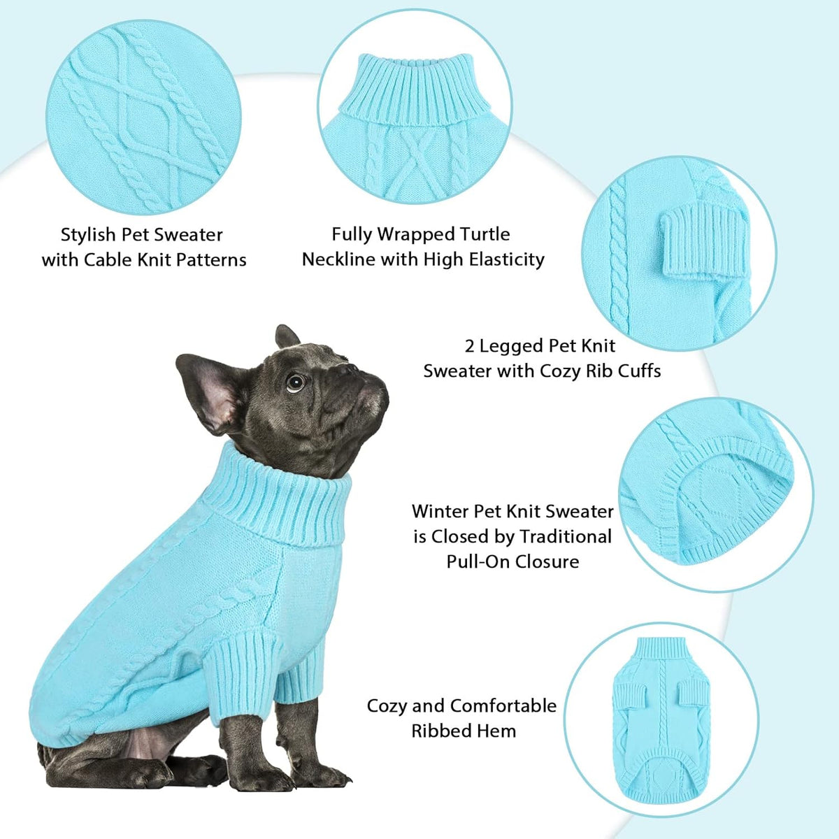 Queenmore Small Dog Pullover Sweater, Cold Weather Cable Knitwear, Classic Turtleneck Thick Warm Clothes for Chihuahua, Bulldog, Dachshund, Pug (Sky Blue, X-Large)