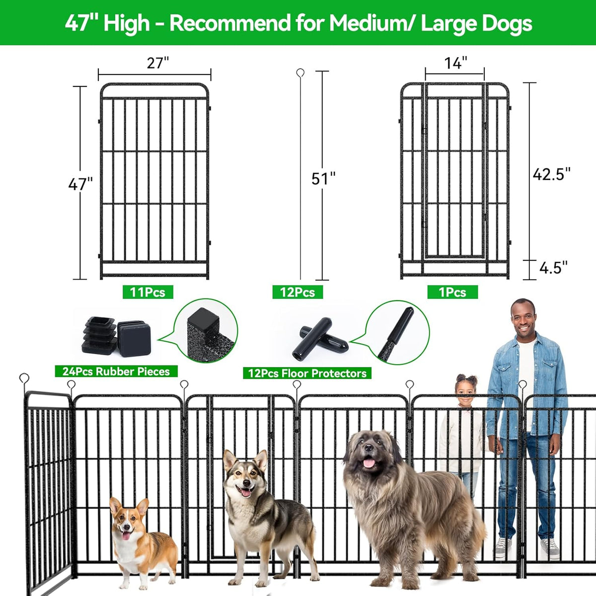 Dog Playpen Outdoor 12 Panels Heavy Duty Dog Fence 47" Height with Thick Pipe Anti-Rust with Doors Portable for RV Camping Yard, Total 27FT, 57 Sq.ft, Snowy Black