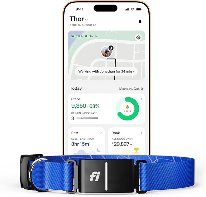 Fi New Series 3+ Smart Dog Tracker Collar – AI GPS for Dogs, Health & Behavior Monitor, Virtual Fence, Escape Alerts, Waterproof, Apple Watch Compatible 12Mo Membership Included