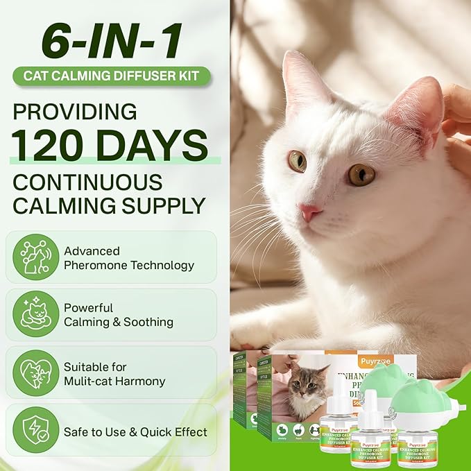 Cat 6-in-1 Calming Diffuser + Multivitamin 500 Chews for Cats – Stress Relief, Immune, Skin & Coat, Digestion, Brain & Bone Health for All Cats, 2 Diffusers + 4 Refills
