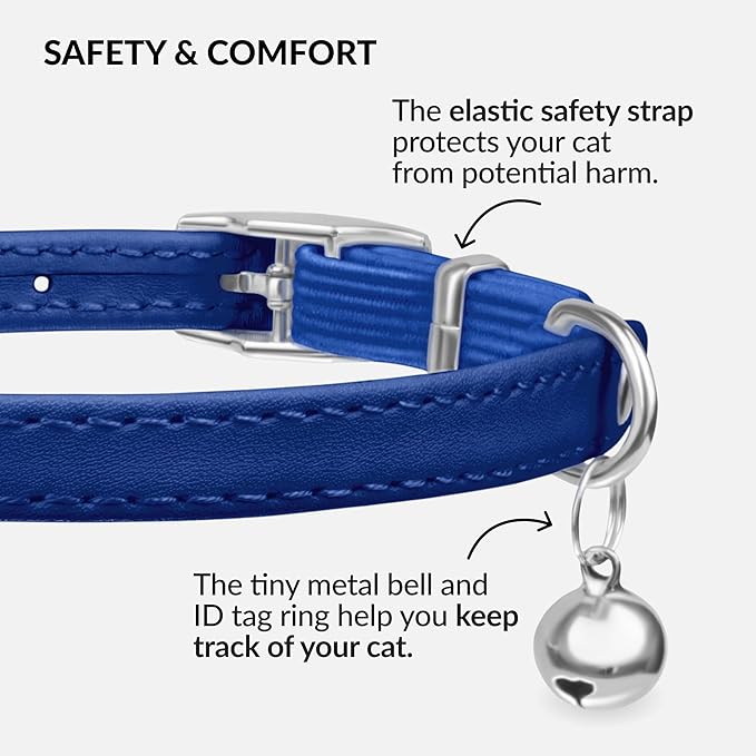 CollarDirect Leather Cat Collar with Bell - Kitten Collar, Small and Big Cat Collar for Boy Cats, Girl Cats with Safety Elastic Strap (Neck Fit 6"-7", Navy Blue)
