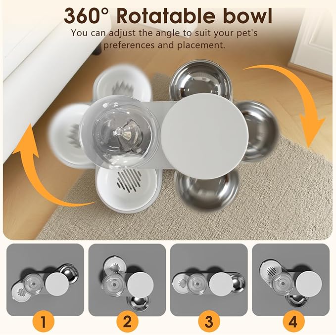 Automatic Gravity Cat Dog Feeder and Water Dispenser with 304 Stainless Steel Bowls 2 in 1 360 Degree Rotatable Auto 2.4L Dry Food and 2.6L Water Bowl for Small Medium Pet Dog Puppy Kitten (Gray)