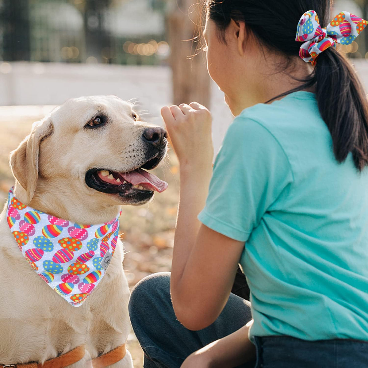 E-Clover Easter Dog Bandana & Matching Scrunchie Set Egg Dog Bandanas Scarf with Bunny Hair Tie for Medium Large Dogs & Pet Owner Mom Gift