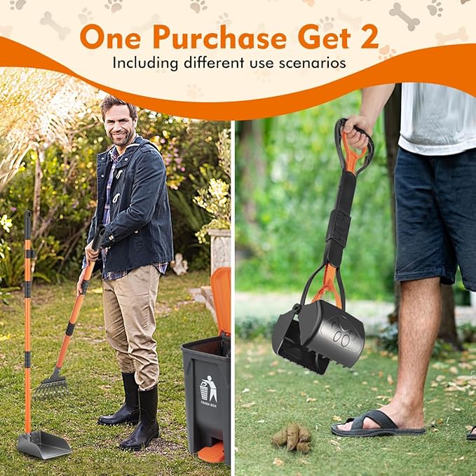 28" Pooper Scooper and 38" Heavy Duty Stainless Steel Rake & Tray Set, 3 in 1 Portable Dog Pooper Scooper Set for Large Medium Small Dogs in Grass, Dirt or Gravel